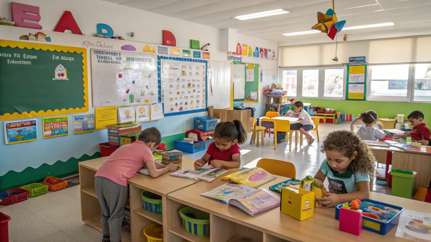 A bright and colorful classroom with children engaged in various activities, such as reading, painting, and playing with blocks. The room is filled with natural light and decorated with educational posters and artwork.