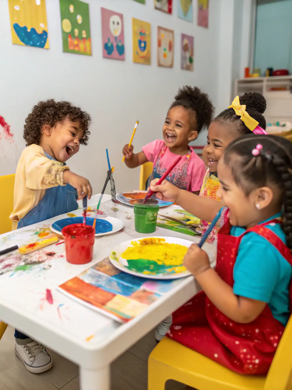 A focused image of kindergarteners working on an art project at Mini Bookworms, using various materials to express their creativity and individuality.