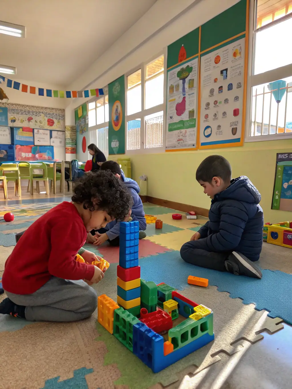 A heartwarming image of children in the after-school program at Mini Bookworms, engaged in a collaborative building activity with blocks and other construction toys.